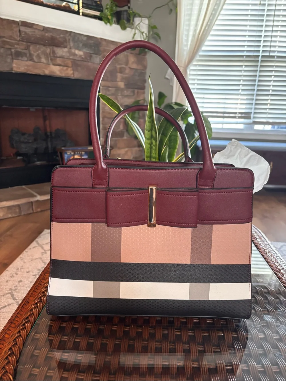 Burgundy Bow-Accent Colorblock Satchel